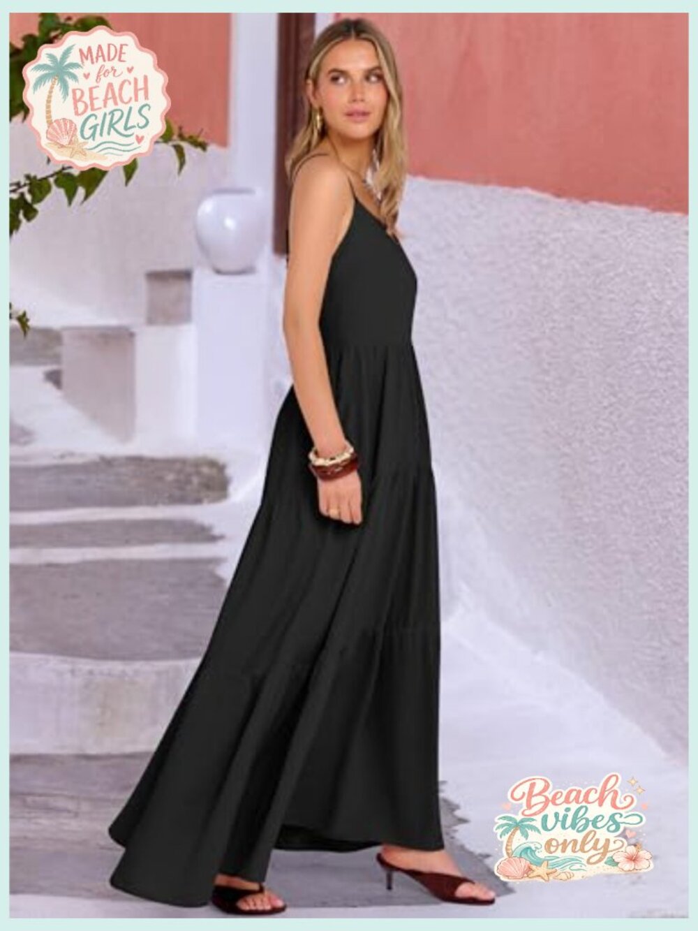 Sleeveless Spaghetti Strap Tiered Maxi Dress Flowy Boho Sundress Beach Vacation - Picture 4 of 7
